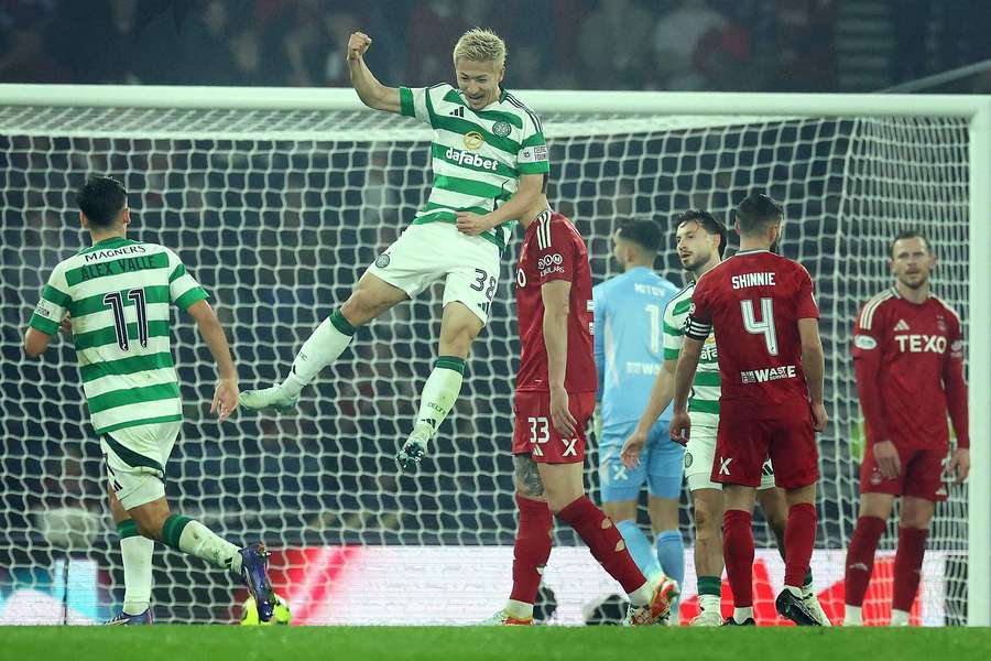 Daizen Maeda celebrates scoring Celtic's third goal against Aberdeen