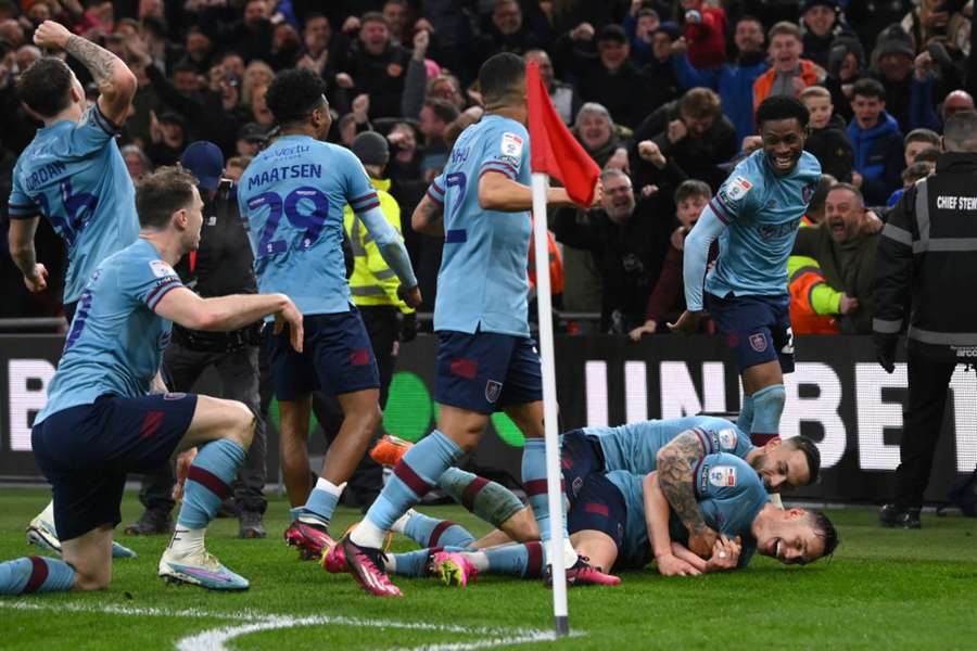 Burnley celebrate their second goal in front of the Boro crowd