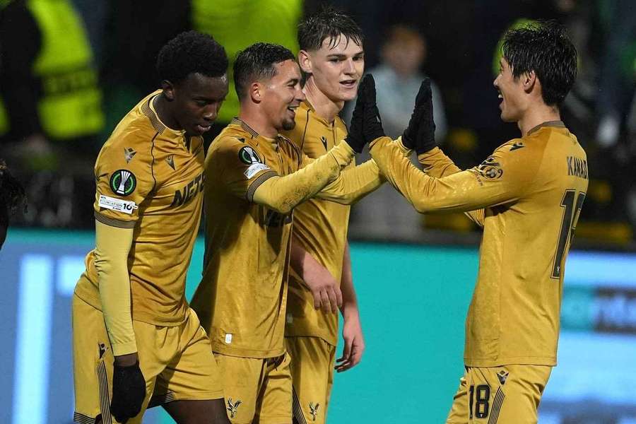 Yeremi Pino celebrates with teammates after scoring Crystal Palace's third goal against Shelbourne