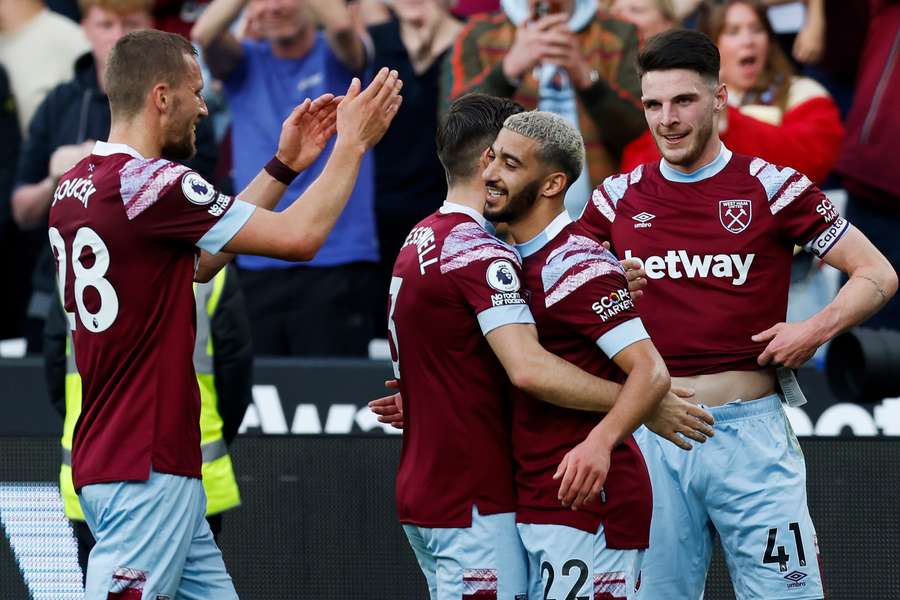 West Ham United's Algerian midfielder Said Benrahma (2nd R) celebrates scoring his team's goal