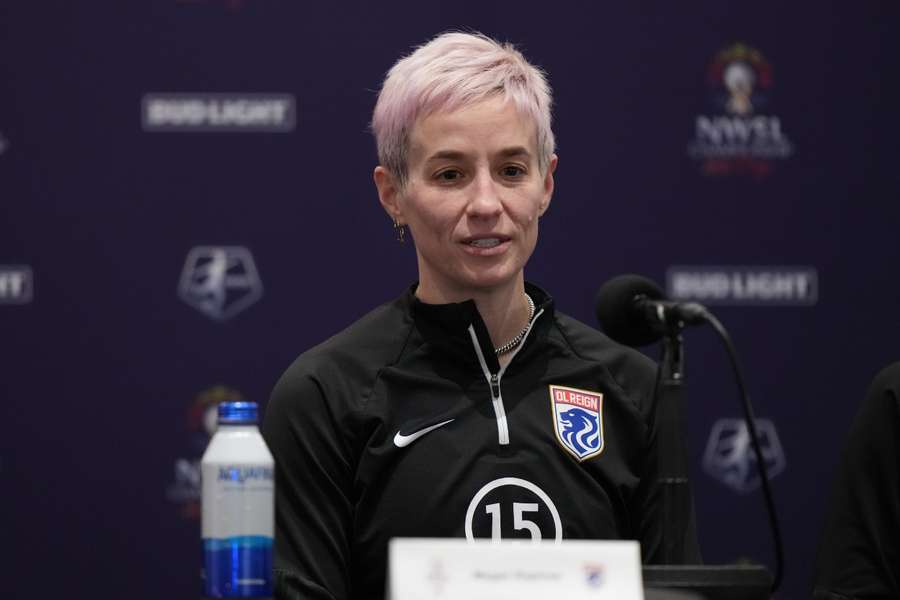 OL Reign forward Megan Rapinoe speaks during a press conference at Snapdragon Stadium