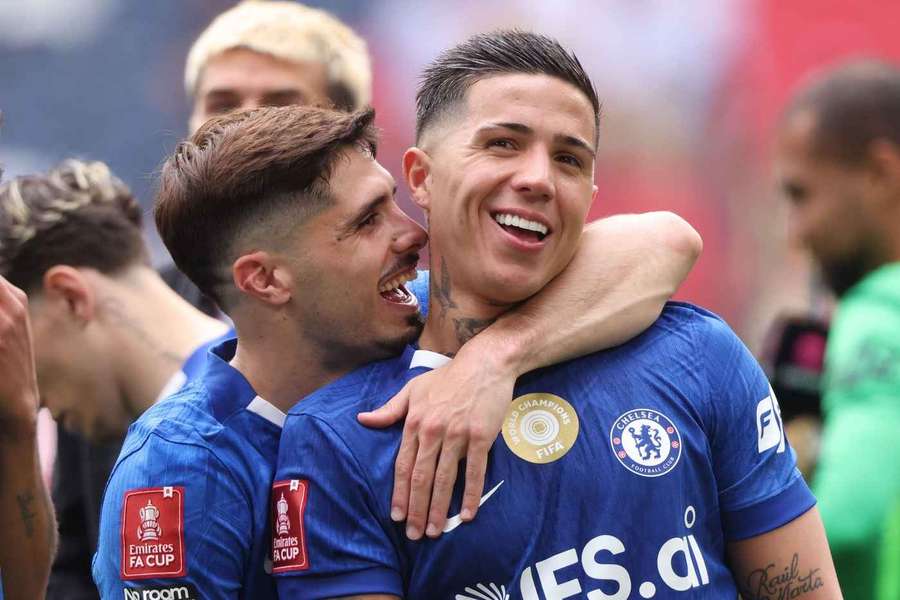 Chelsea's Pedro Neto and Enzo Fernandez at the end of the FA Cup Semi-Final v Leeds United