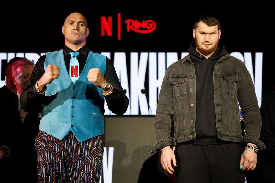Tyson Fury and Arslanbek Makhmudov during a press conference at Tottenham Hotspur Stadium in February