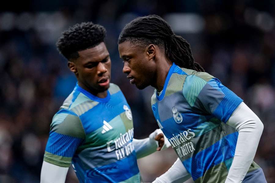 Aurelien Tchouameni (left) trains alongside Eduardo Camavinga