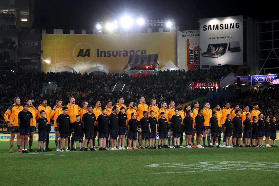 The Wallabies line up prior to a Bledisloe Cup match against New Zealand at Eden Park.