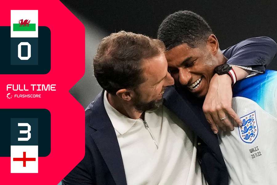 Marcus Rashford krijgt een terechte knuffel van Gareth Southgate