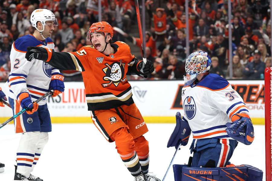 Anaheim Ducks' Beckett Sennecke celebrates during Game 4 against Edmonton Oilers
