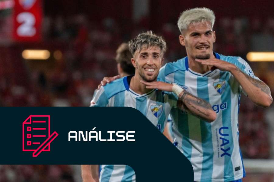 David Larrubia e Chupe celebram um dos golos do Málaga em Almería David Larrubia e Chupe celebram um dos golos do Málaga em Almería