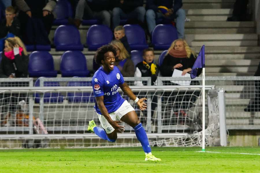 Sheddy Barglan celebrates scoring a goal in the Dutch promotion play-offs against Cambuur