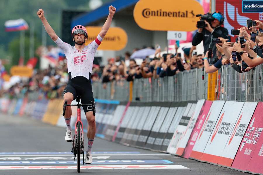 Danish rider Kasper Asgreen celebrates after victory as he crosses the finish of the 14th stage of the 108th Giro d'Italia