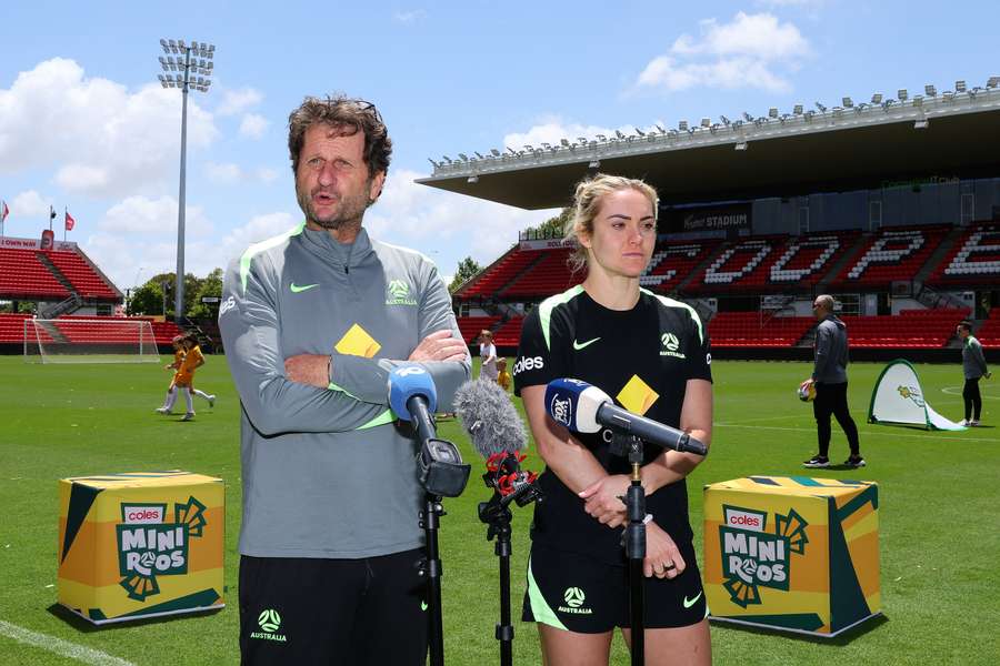 Matildas coach Joe Montemurro and rightback Ellie Carpenter address the media at Coopers Stadium in Adelaide. 