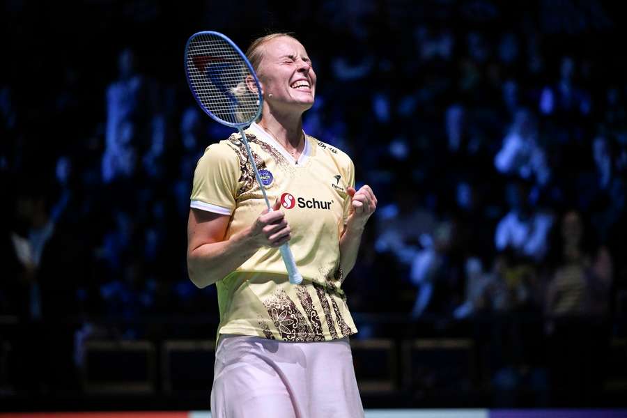 Mia Blichfeldt reacts after winning the Arctic Open against Ratchanok Intanon