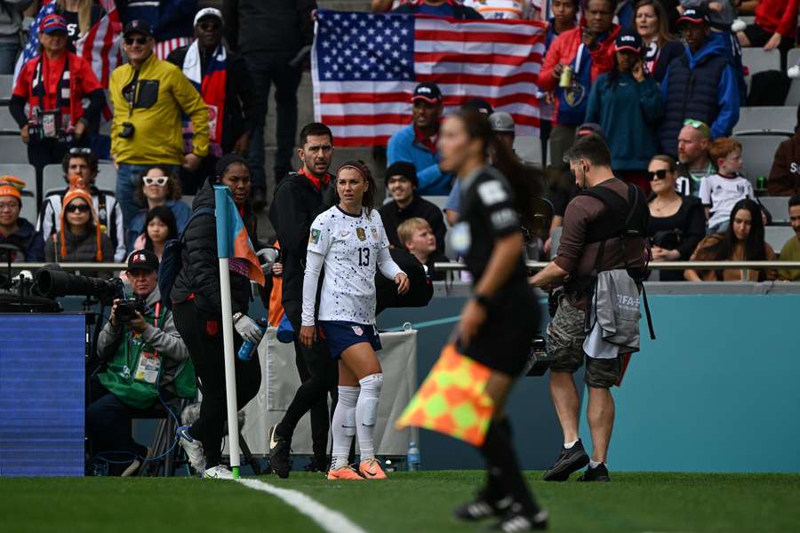 USA's forward #13 Alex Morgan looks on during the 2023 Women's World Cup Group E football match between the United States and Vietnam