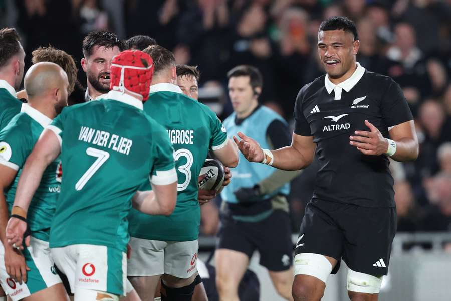 Tupou Vaa'i (R) of New Zealand reacts during the Nations Championship match against Ireland Tupou Vaa'i (R) of New Zealand reacts during the Nations Championship match against Ireland