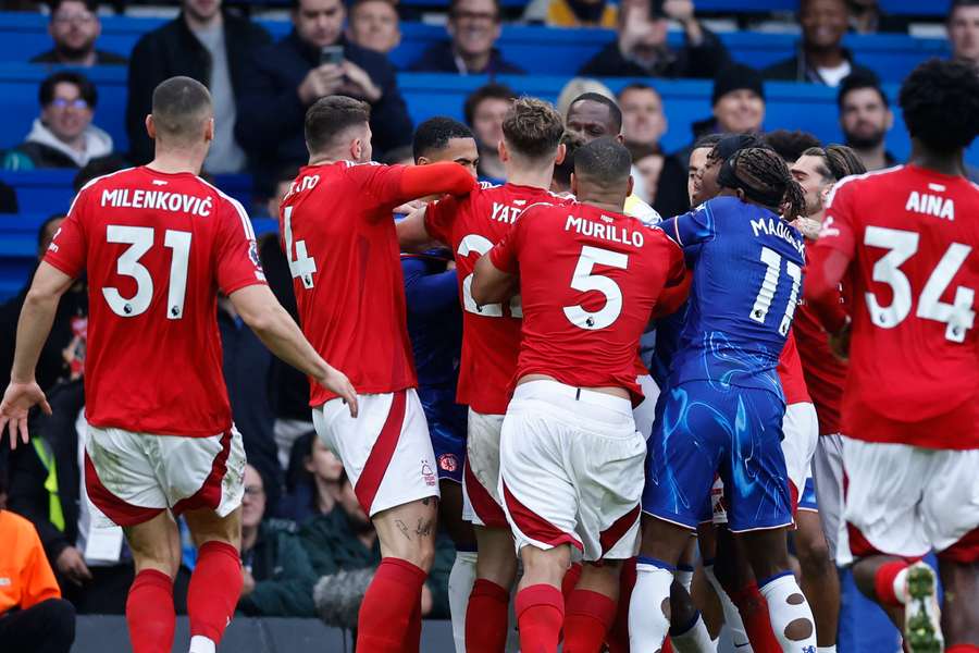 Chelsea and Nottingham Forest players clash at Stamford Bridge