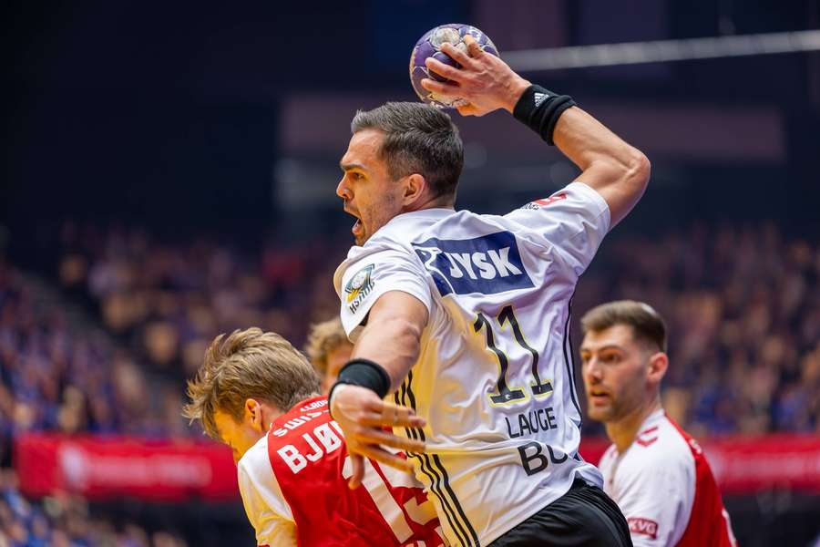 Rasmus Lauge in action during the Danish Santander Cup final against Aalborg Handball.
