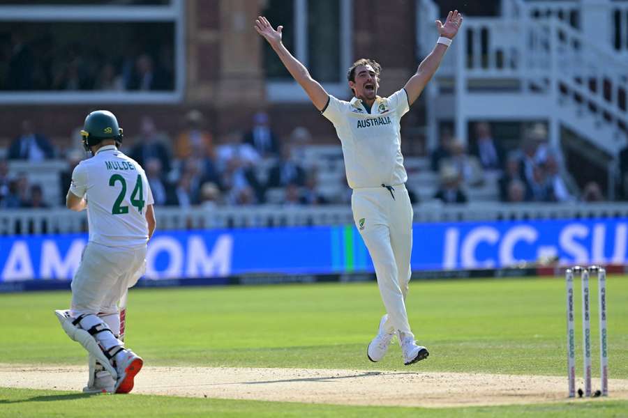 Australia's Mitchell Starc unsuccessfully appeals for the wicket of South Africa's captain Temba Bavuma