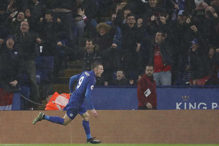 Leicester City's English striker Jamie Vardy celebrates after scoring Leicester City's English striker Jamie Vardy celebrates after scoring