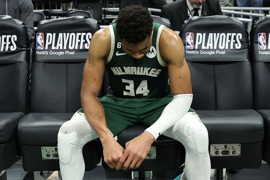 Giannis Antetokounmpo reacts after losing against Miami Heat in the Eastern Conference First Round Playoffs