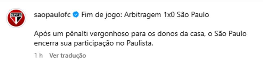 Publicação do São Paulo após derrota para Palmeiras Publicação do São Paulo após derrota para Palmeiras