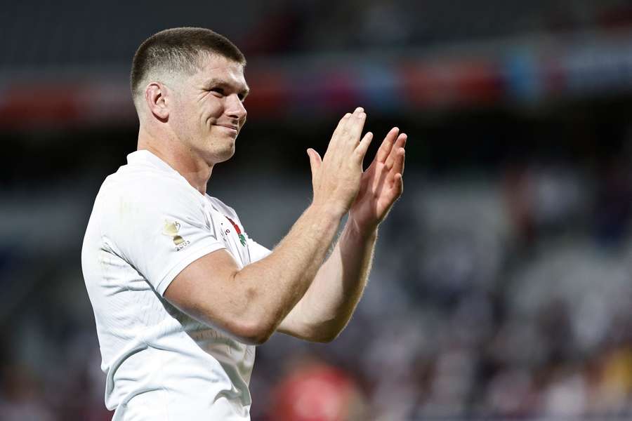England's fly-half and captain Owen Farrell applauds supporters after the France 2023 Rugby World Cup Pool D match between England and Chile 