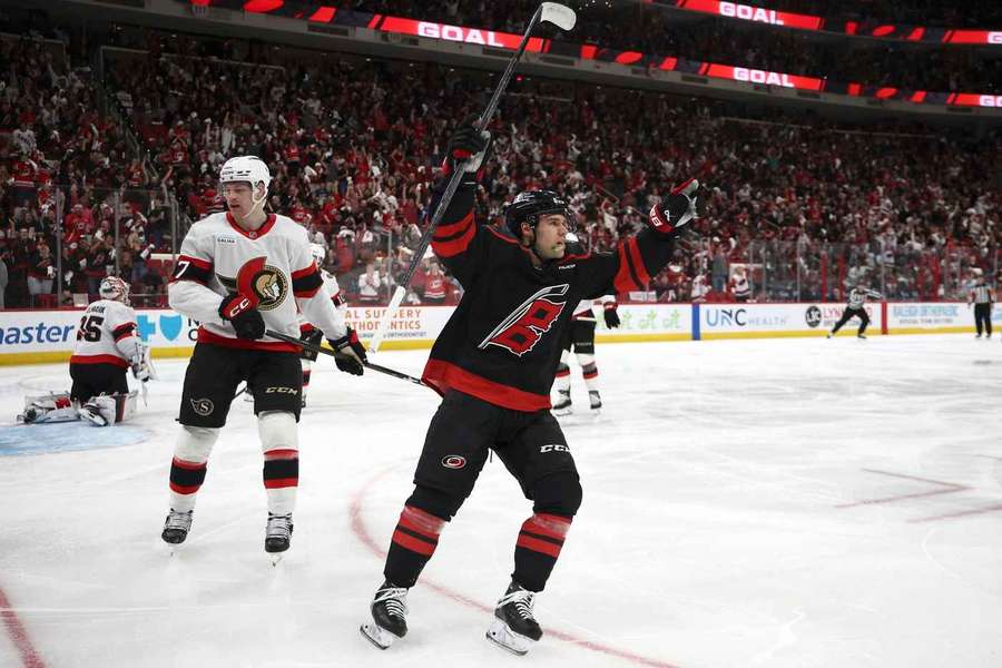 Hurricanes Logan Stankoven celebrates goal during Game 1 of Stanley Cup Playoffs