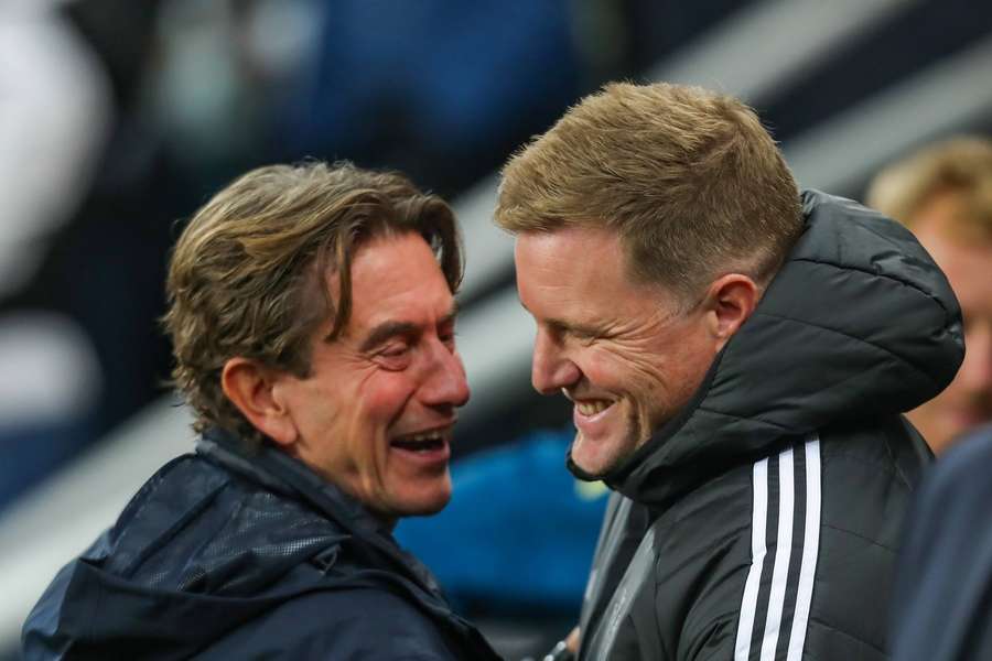 Tottenham's Thomas Frank greets Newcastle's Eddie Howe before a Carabao Cup tie