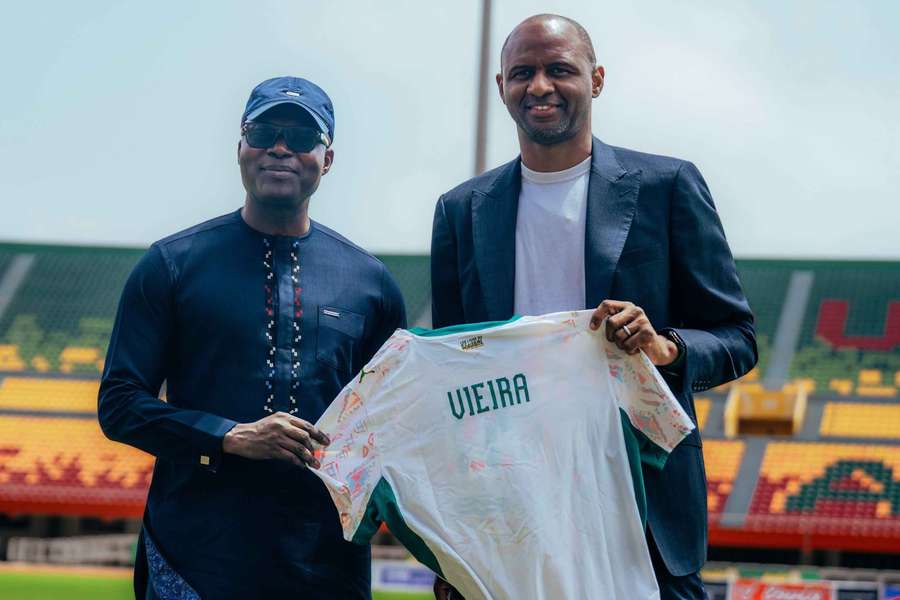 Senegal coach Patrick Vieira (right) being unveiled Senegal coach Patrick Vieira (right) being unveiled
