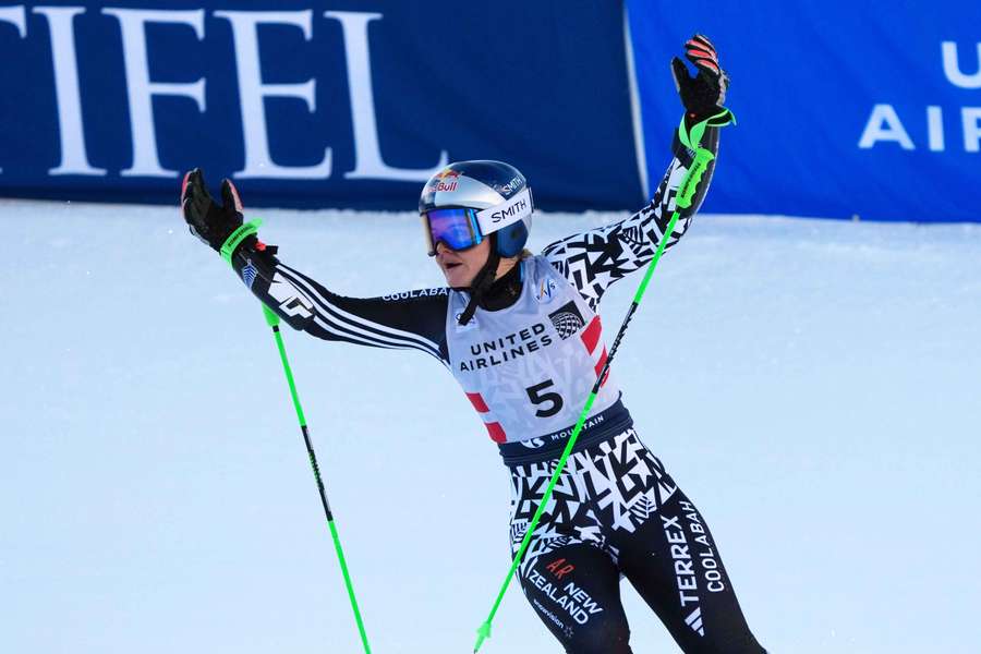 Alice Robinson of New Zealand celebrates after winning the women's giant slalom alpine skiing race at the Stifel Copper Cup at Copper Mountain