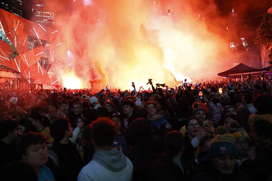Fans watch the Matildas 2023 World Cup semi-final game at Fed Square in Melbourne.