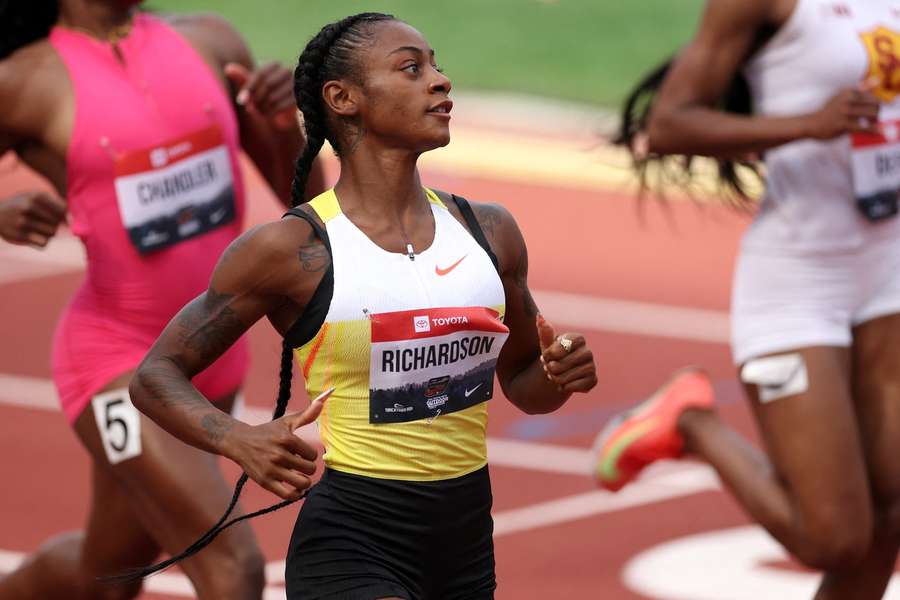Richardson reacts after competing in the 100m