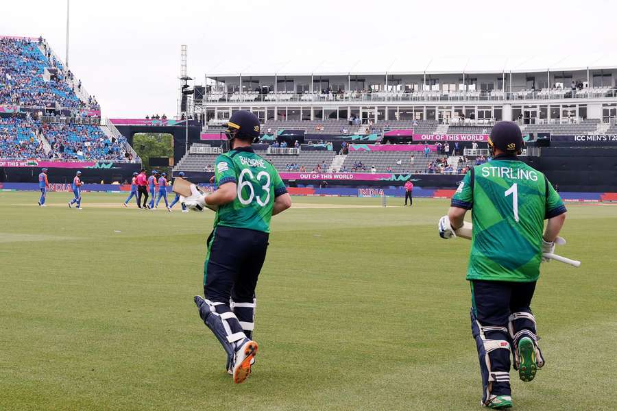 Paul Stirling and Andrew Balbirnie of Ireland make their way out to bat during the ICC Men's T20 Cricket World Cup match between India and Ireland 