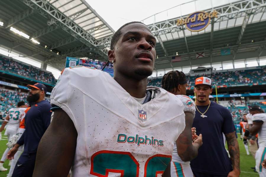 Miami Dolphins running back De'Von Achane looks on after a game against the Denver Broncos