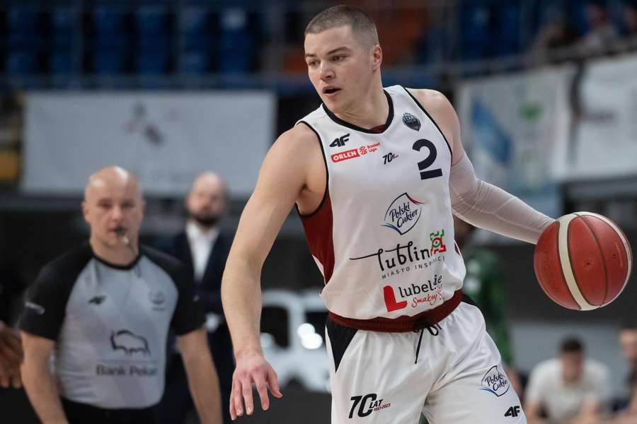 Lublin, 27.04.2024. Liam O'Reilly ze Startu Lublin w meczu Ekstraklasy koszykarzy z Legią Warszawa. Lublin, 27.04.2024. Liam O'Reilly ze Startu Lublin w meczu Ekstraklasy koszykarzy z Legią Warszawa.