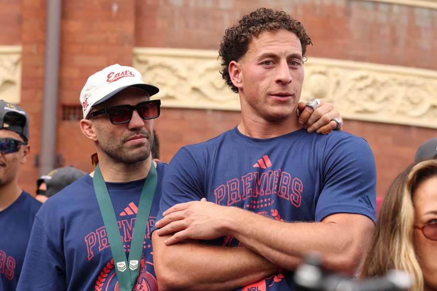 Mark Nawaqanitawase celebrating the 2026 NRL Premiership with Sydney Roosters teammates. Mark Nawaqanitawase celebrating the 2026 NRL Premiership with Sydney Roosters teammates.