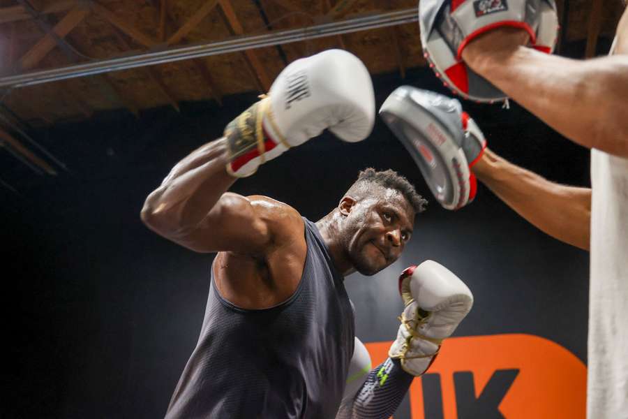 Cameroonian-French mixed martial arts star and boxer Francis Ngannou spars with John Mbumba during a training session