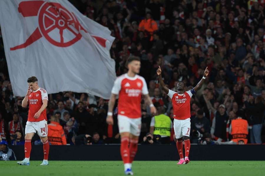 Arsenal's Bukayo Saka celebrates scoring their first goal 