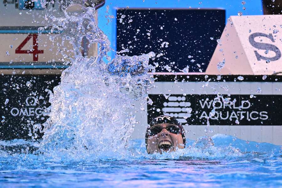 Ledecky celebrates her victory Ledecky celebrates her victory