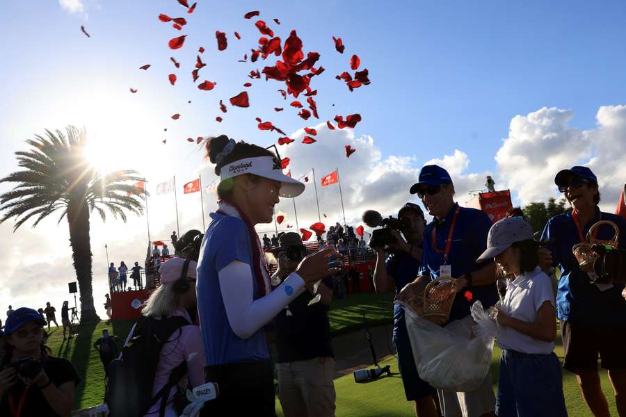 Grace Kim reacts after winning the Lotte Championship at the Hoakalei Country Club in Ewa Beach, Hawaii