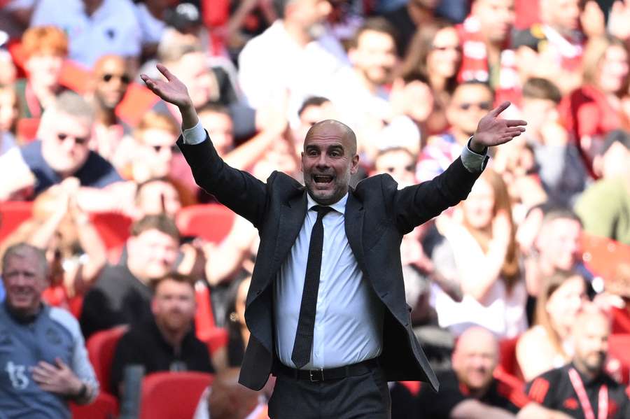 Manchester City manager Pep Guardiola reacts during the FA Cup final