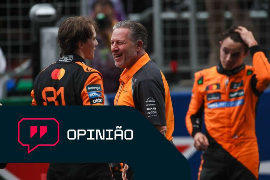 Oscar Piastri, Zak Brown e Lando Norris, da McLaren, após o Grande Prémio da China