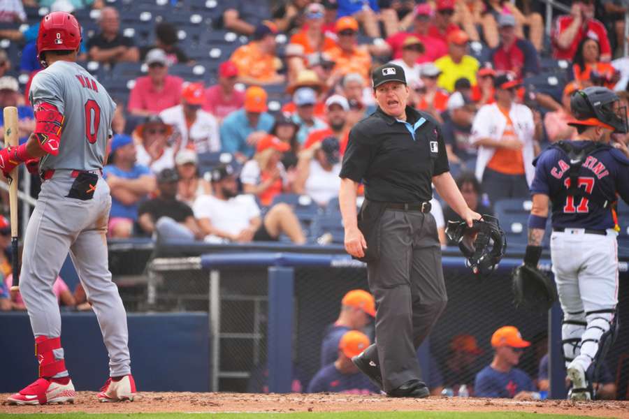 Jen Pawol umpiring during Spring Training in 2024