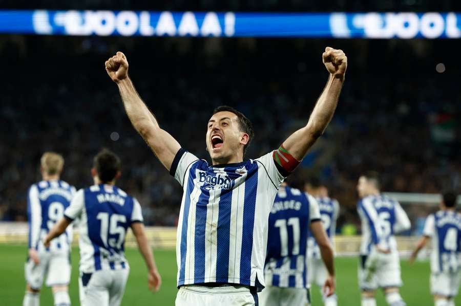 Real Sociedad's Mikel Oyarzabal celebrates scoring the only goal of the second leg Real Sociedad's Mikel Oyarzabal celebrates scoring the only goal of the second leg