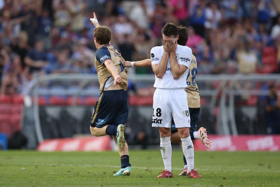 Lachy Bayliss celebrating an A-League goal against Macarthur FC.
