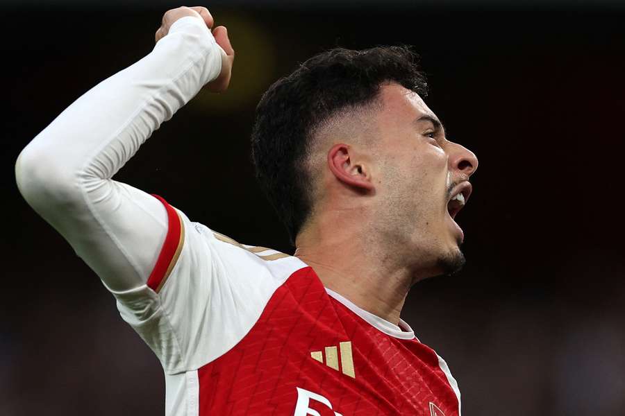 Arsenal's Brazilian midfielder #11 Gabriel Martinelli celebrates after scoring the opening goal 