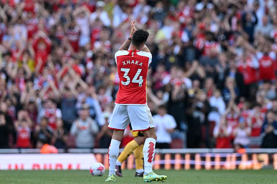Arsenal's Swiss midfielder Granit Xhaka acknowledges fans during the English Premier League football match between Arsenal and Wolverhampton Wanderers
