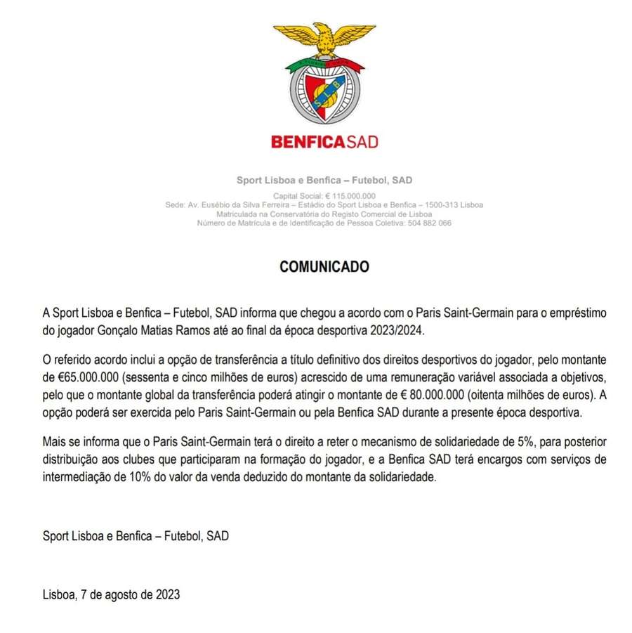 Comunicado enviado pelo Benfica à CMVM