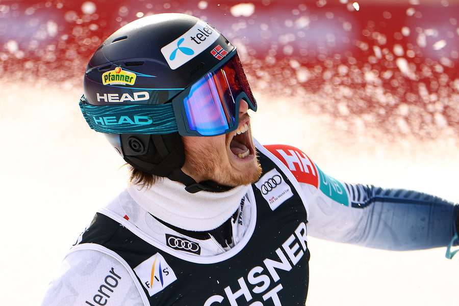 Norway's Atle Lie McGrath celebrates after his second run in Wengen