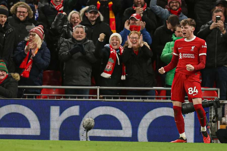 Conor Bradley celebrates scoring for Liverpool