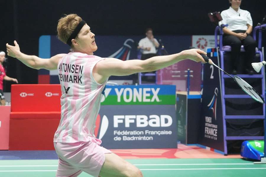 Antonsen in action against Axelsen in the quarter-final Antonsen in action against Axelsen in the quarter-final